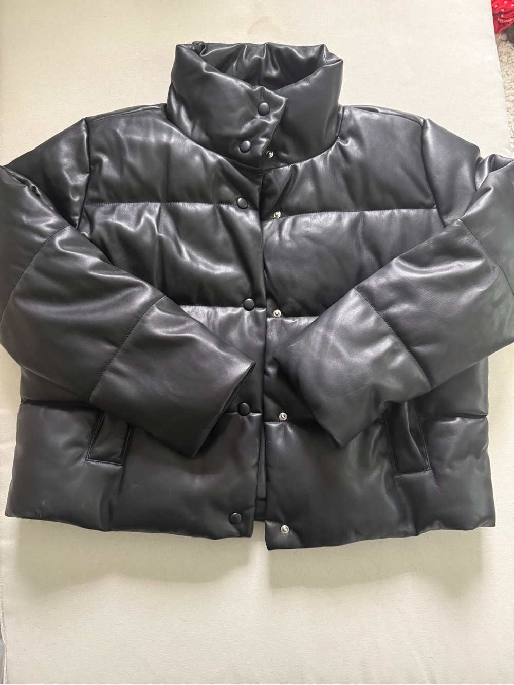 Faux leather black Puffer Coat with High Collar
